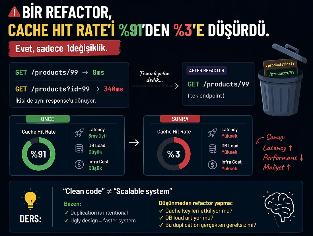 🚨 Bir refactor, cache hit rate’i %91’den %3’e düşürdü. Evet, sadece 1 değişiklik.